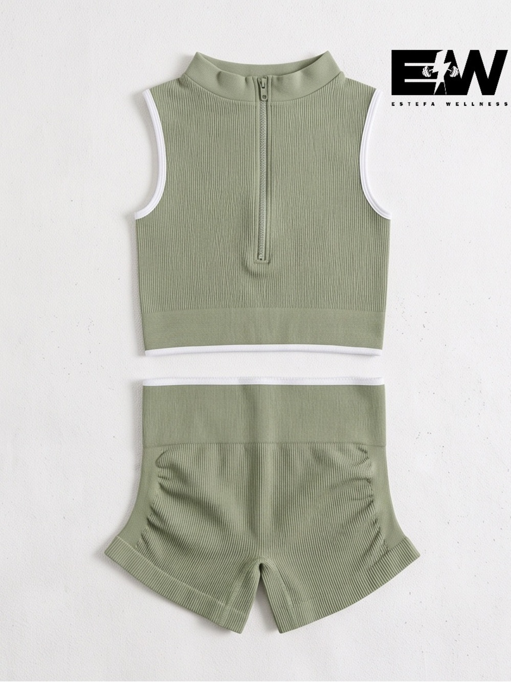 NEW Olive Rib-Knit Zip Crop Top & High-Waist Shorts